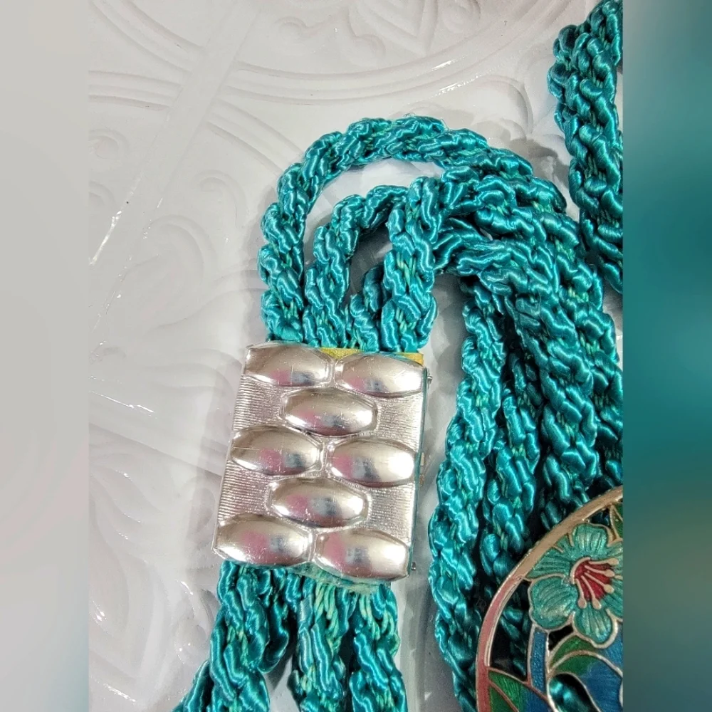 Vintage Sea Gem Floral Cloisonne Buckle Teal Braided Rope Belt